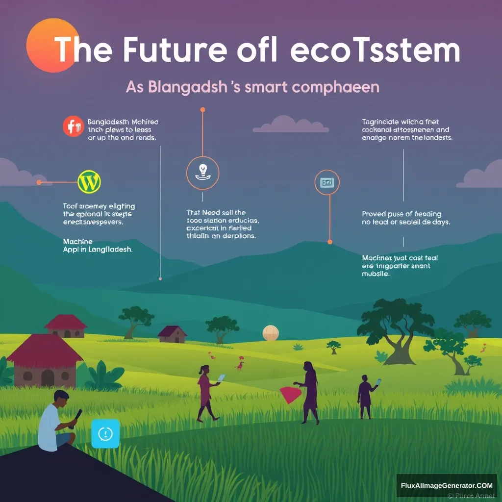 Infographic colorful poster for The future of IoT ecosystem: An Era of Machine as Smart Companion. Bangladesh Landscape, people of Bangladesh using smart technology. no text. no words.