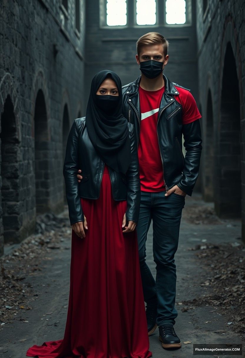 A biggest black hijab girl, beautiful eyes, face mask black, black leather jacket, biggest red longest dress, not tall,

Jamie Dornan, handsome, face mask black, fit and tough body, Nike red t-shirt, black leather jacket, jeans, tall man,

standing lean against the wall together, 
Hyper-realistic, photorealistic, studio photography, Victoria's abandoned castle, gloomy, darkness. - Image