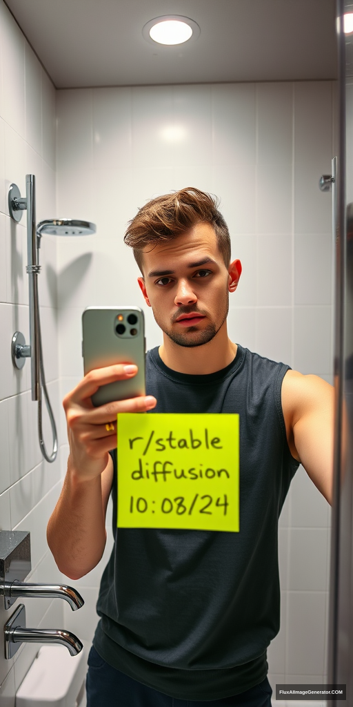 Man in sleek modern bathroom, capturing mirror selfie with smartphone. Holds neon yellow post-it note reading "r/stablediffusion" "10/08/24". Hyper-realistic style: razor-sharp details, lifelike textures. Gleaming chrome fixtures, soft ambient lighting. Expression of mild curiosity. Millennial aesthetic, tech-savvy atmosphere. - Image