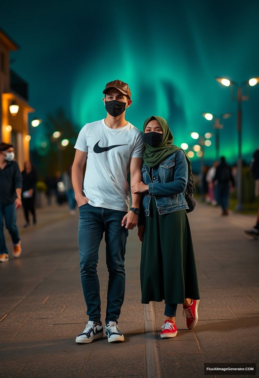 Jamie Dornan, handsome, leather cap, black face mask, white Nike t-shirt, jeans, sneakers, dating romantically with an army green hijab-wearing Muslim girl, beautiful eyes, black face mask, jeans jacket, longest skirt, not a tall girl, red sneakers, holding hands, photorealistic, street photography, full photography, selfie photos, night scenery, aurora. - Image