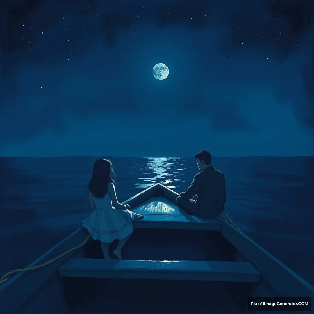 A boat on the sea, midnight, a girl and a man. - Image