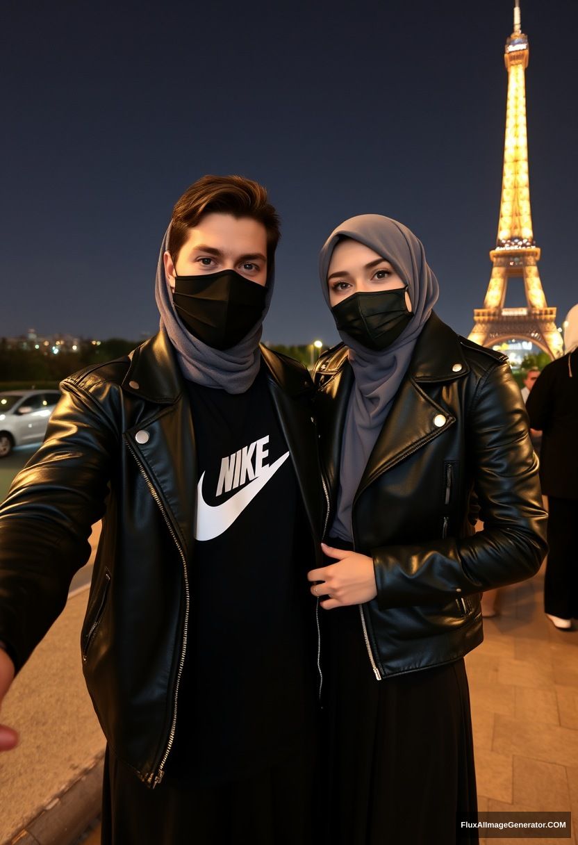 Jamie Dornan, black face mask, black leather jacket, Nike t-shirt, dating, love with the biggest grey hijab Muslim girl, beautiful eyes, black face mask, leather jacket, biggest longest skirt, not a tall girl, standing near the Eiffel Tower, night scenery, hyper-realistic, photorealistic, selfie photos.