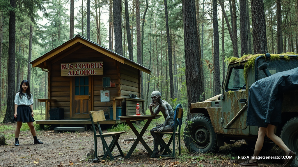 Real-life photography: In the forest, there are two wooden cabins selling alcohol, and a dressed zombie comes to buy some. Next to the cabin, there are one table and two chairs, with a zombie wearing a hat sitting and drinking. There is also an abandoned off-road vehicle nearby, covered in moss and weeds. A Japanese female student wearing a school uniform skirt walks by. - Image