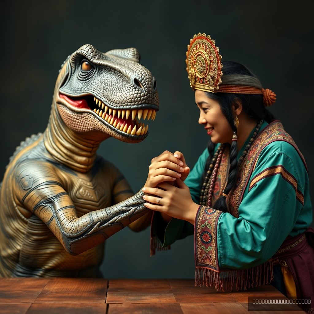 Dinosaur T-rex and Mongolian woman are arm wrestling.