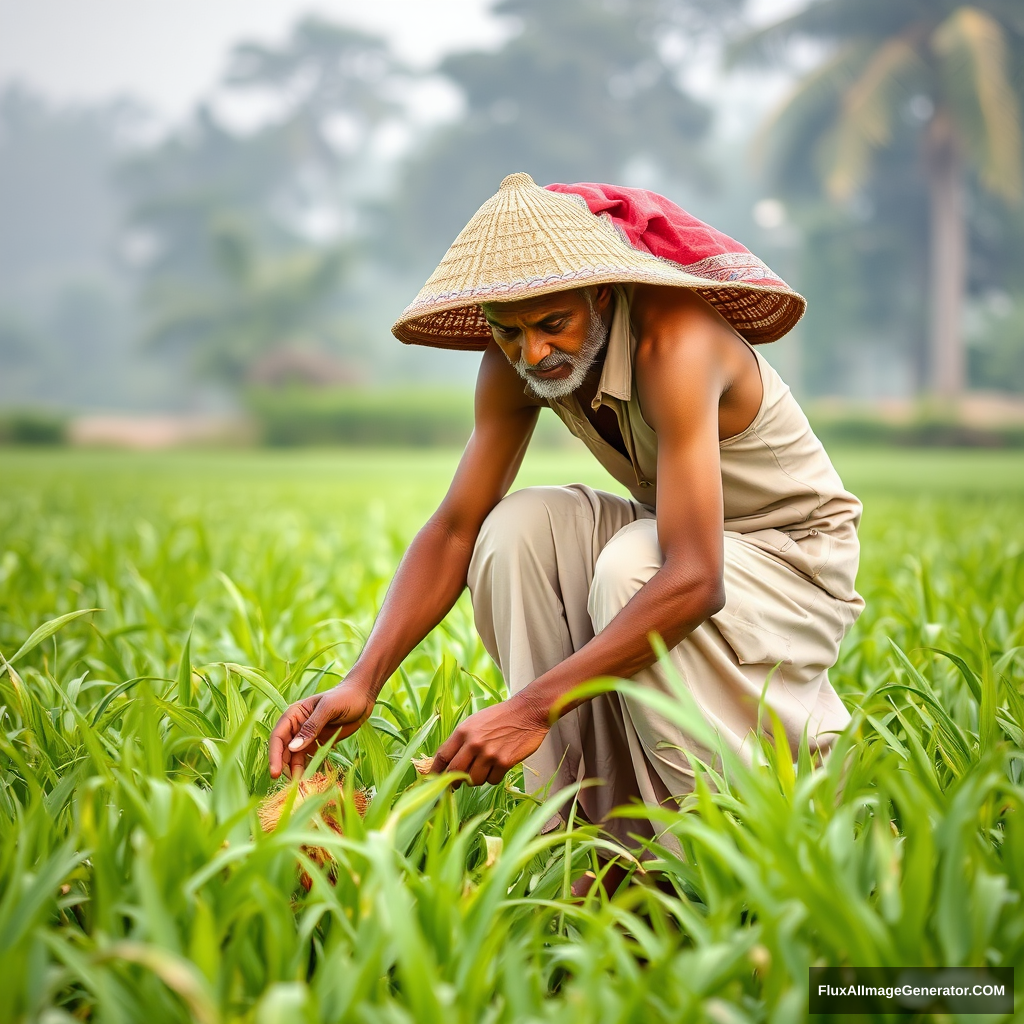 An Indian farmer working in his field. - Image