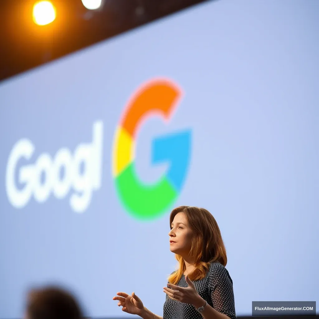 woman speaking at Google conference, blurred Google logo in background canon 6d, realistic, golden hour - Image