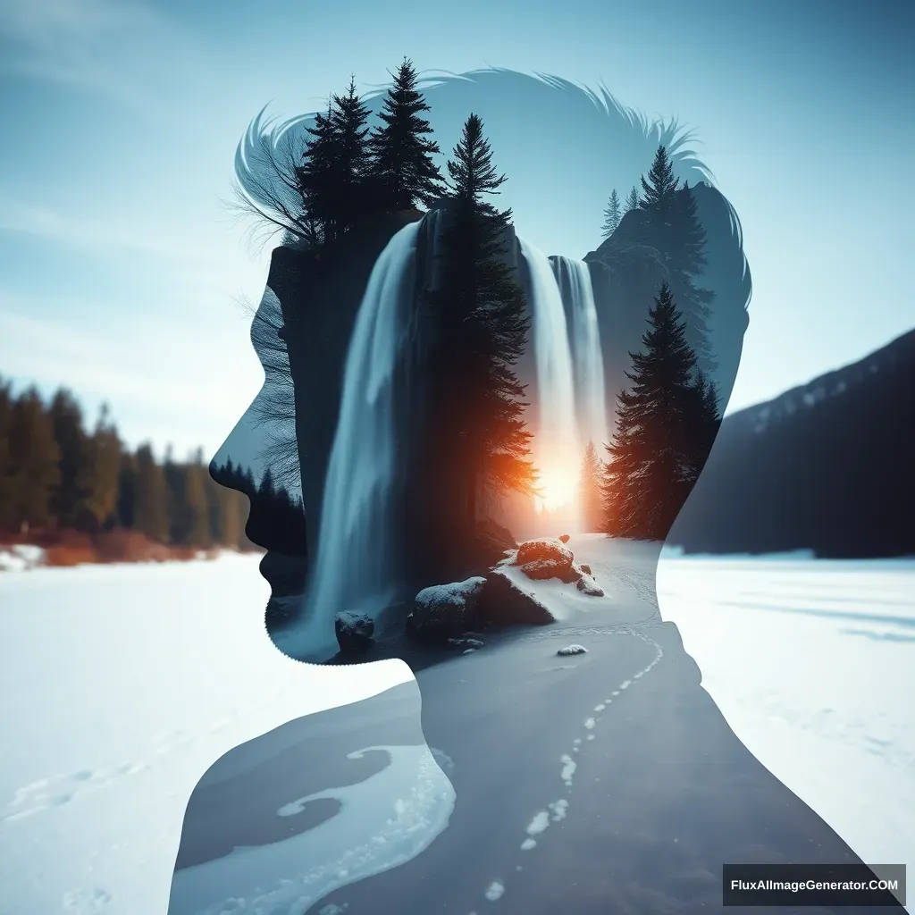 '[Abstract style waterfalls, wildlife, snowing] inside the silhouette of a [man]’s head that is a double exposure photograph. Non-representational, colors and shapes, expression of feelings, imaginative, highly detailed.'