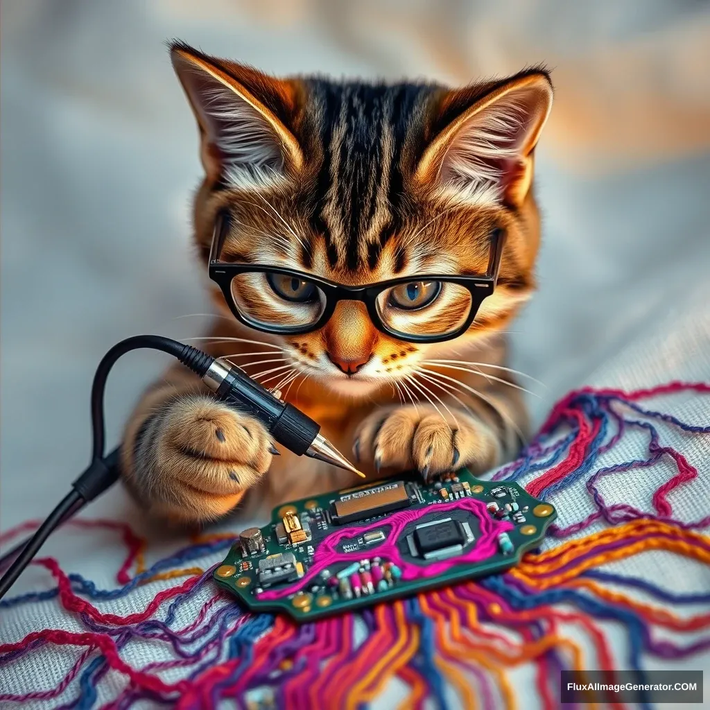 A mischievous tabby cat, wearing tiny spectacles, meticulously solders a circuit board with a miniature iron. Vibrant threads weave intricate patterns, mimicking electronic pathways. Soft fabric backdrop, warm lighting. Delicate French knots form components. Style: Hyper-realistic embroidery art, blending traditional craftsmanship with modern technology. - Image