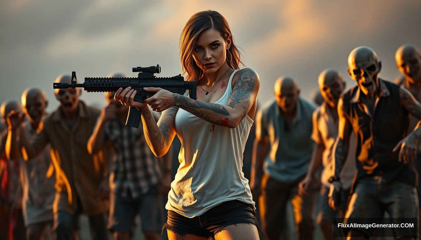 Portrait of a sexy woman in a white vest and black shorts, lots of gypsy-style and skull-pattern tattoos on her arms, her arm skin is scratched, blood splattered on both arms and legs, holding an AR-15 rifle with both hands, aiming, surrounded by scary zombies wearing different clothes, golden hour lighting, ray tracing, global illumination, 4K.