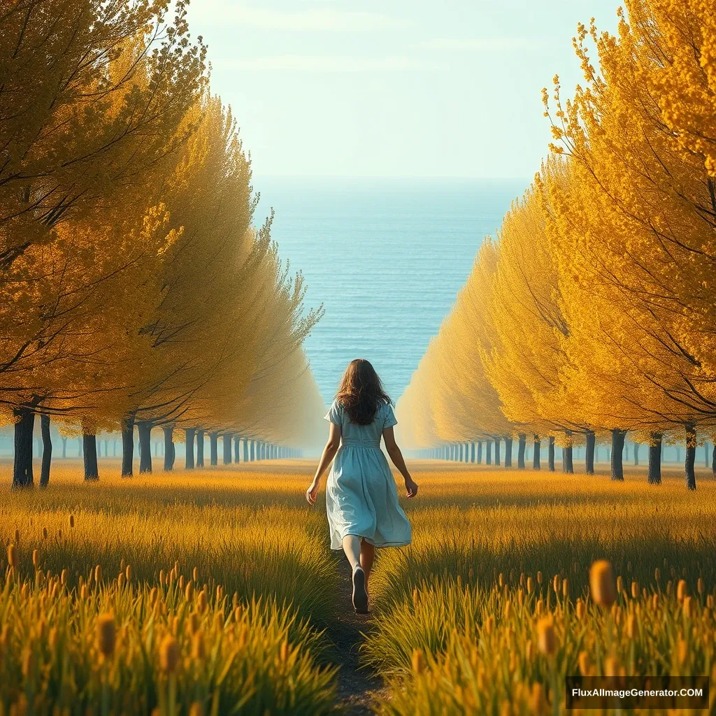 A girl walking through a field, in the style of ethereal trees, dark yellow and azure, majestic, sweeping seascapes, photorealistic representation, graceful balance, wimmelbilder, orange. - Image