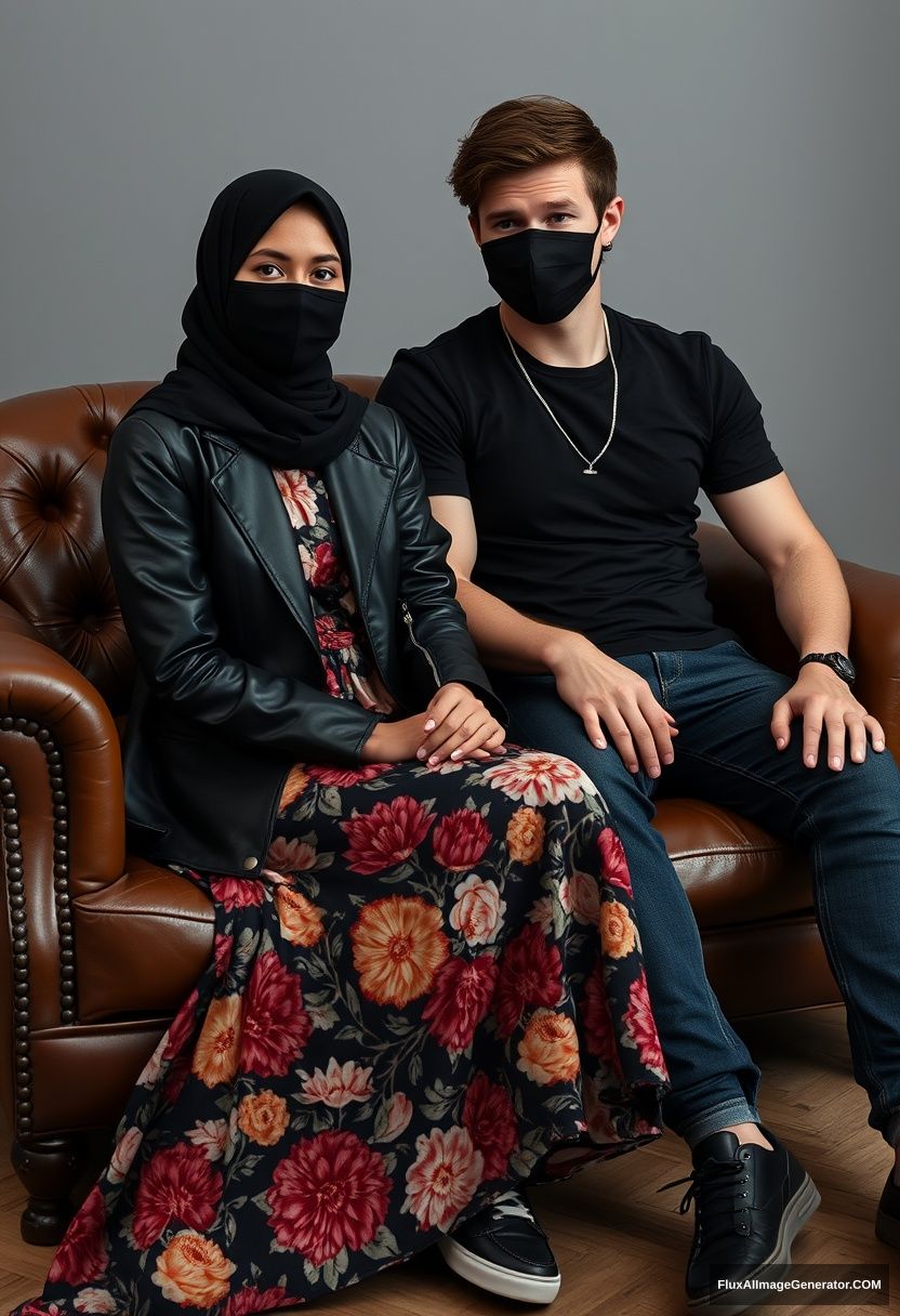 A black hijab girl, slim girl, beautiful eyes, black face mask, black leather jacket, biggest floral long dress, black leather sneakers, sitting on a leather single wing sofa, Jamie Dornan, youngest, silver necklace, black t-shirt, jeans, black leather sneakers, tall man, black face mask, fit body, sitting near her, hyper-realistic, studio photography. - Image