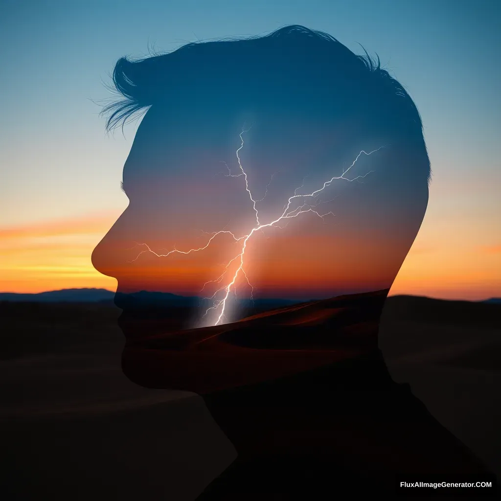 "[Abstract style of dusk, desert, lightning] inside the outline of a [man's] head, this is a double exposure photo. Non-representational, colors and shapes, emotional expression, imaginative, very detailed." - Image