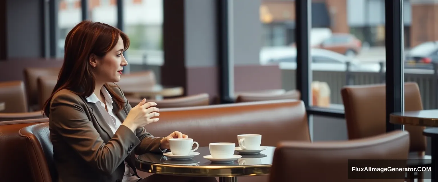 A woman and a man are having coffee in a restaurant. They're sitting across from each other. The woman is a very attractive redhead in her mid-30s, wearing business attire and brown pantyhose.