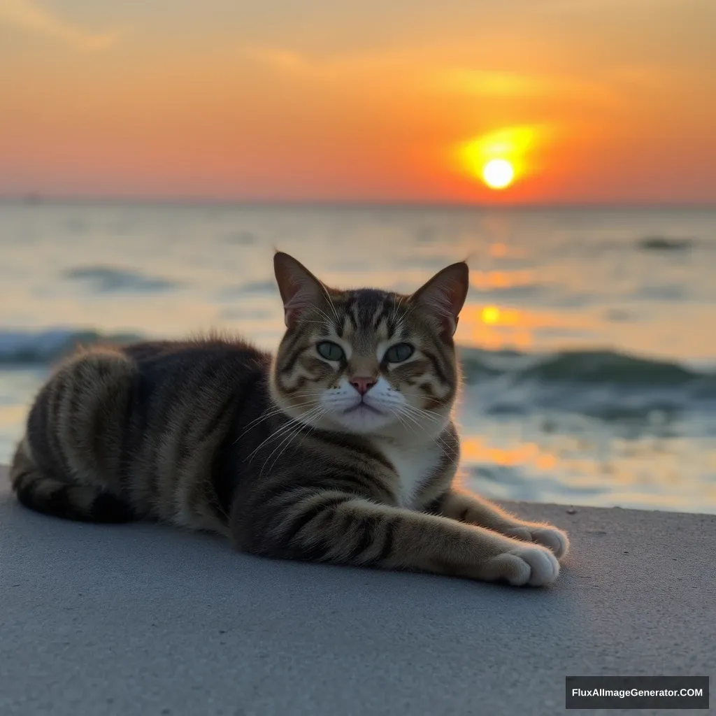 A cat is lazily lying by the seaside under the sunset.