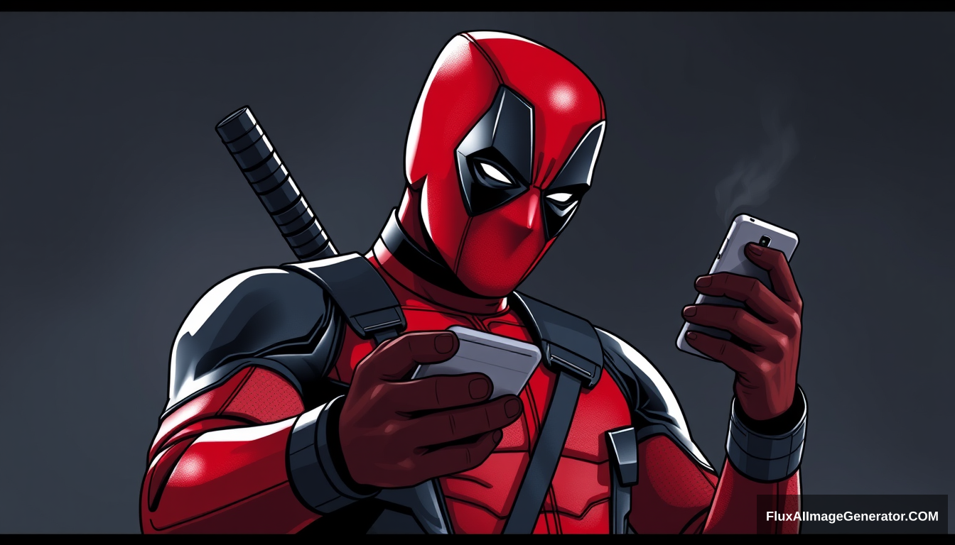 Deadpool looking at his cell phone and making a fist.