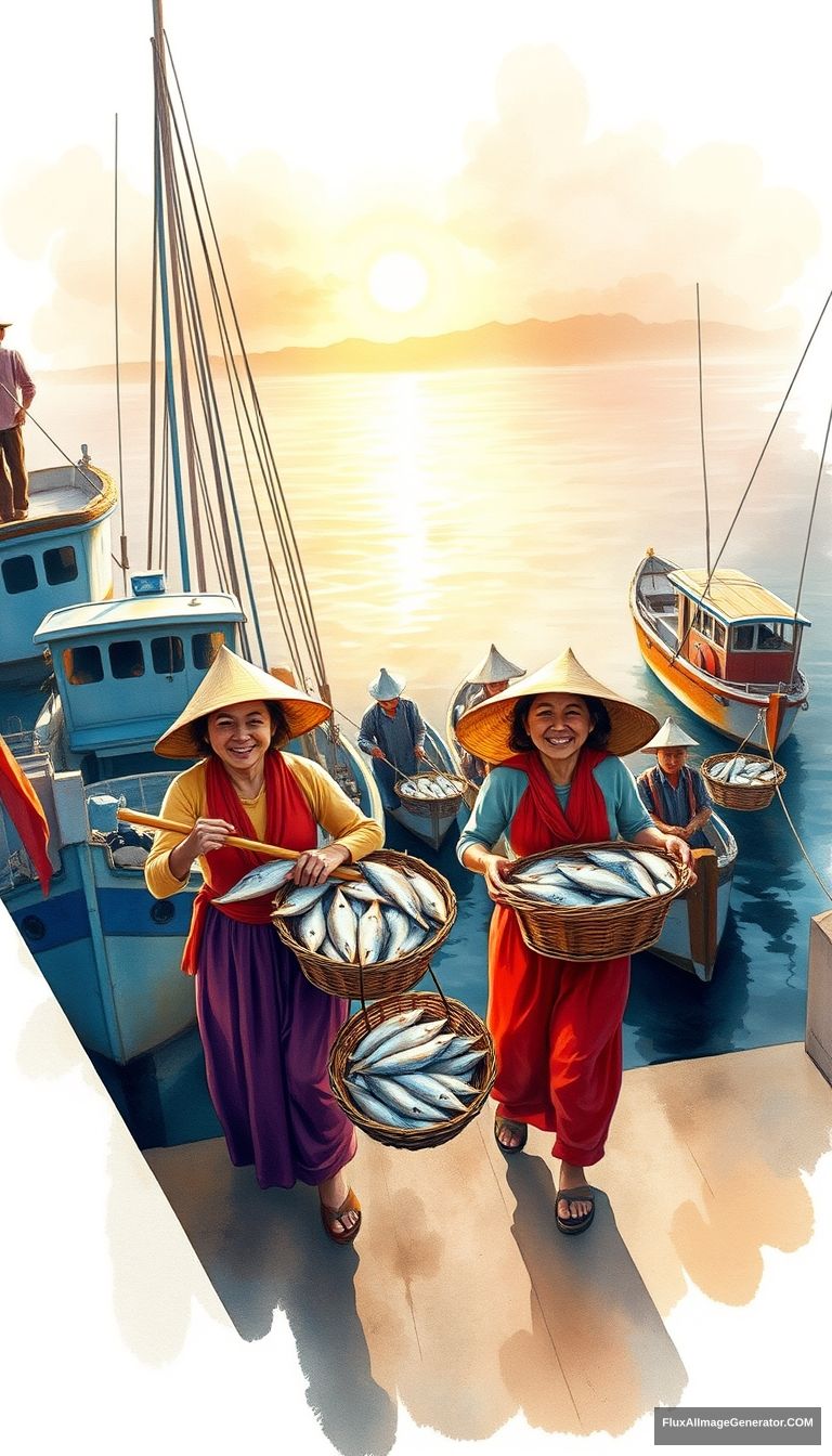 An anatomically accurate watercolor painting of fishing boats docking at a harbor at sunrise. Vietnamese farmers, both men and women, are carrying baskets of fresh fish with happy, joyful expressions. The scene is viewed from an elevated perspective, as if looking down from a building, and is illuminated by the warm light of the rising sun.