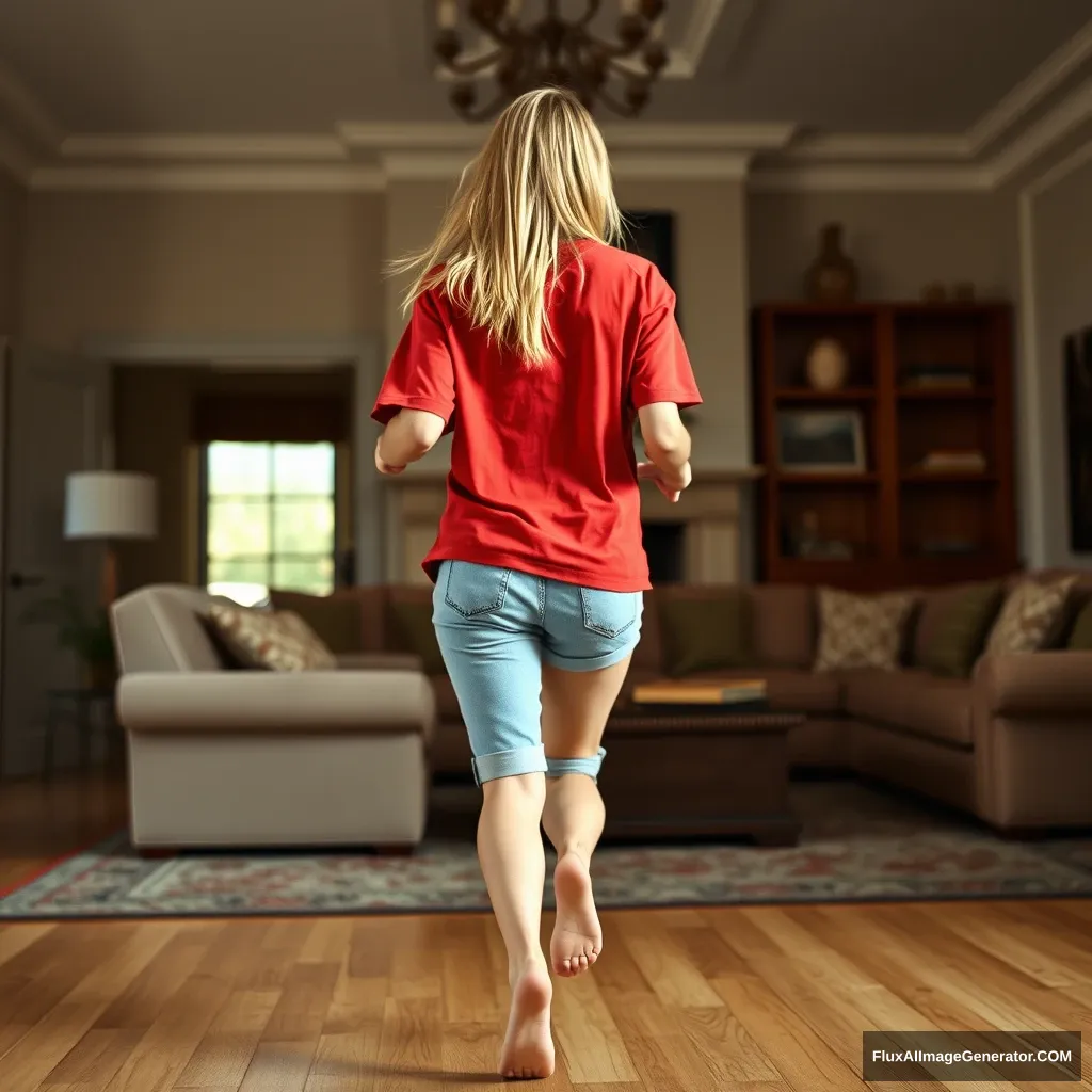 Back view of a blonde skinny woman who is in her massive living room wearing a massively oversized red polo t-shirt that is off balance on one of the shoulders and oversized light blue denim shorts that aren't rolled up. She is wearing no shoes or socks, facing the camera while getting off her chair and running towards the camera. - Image