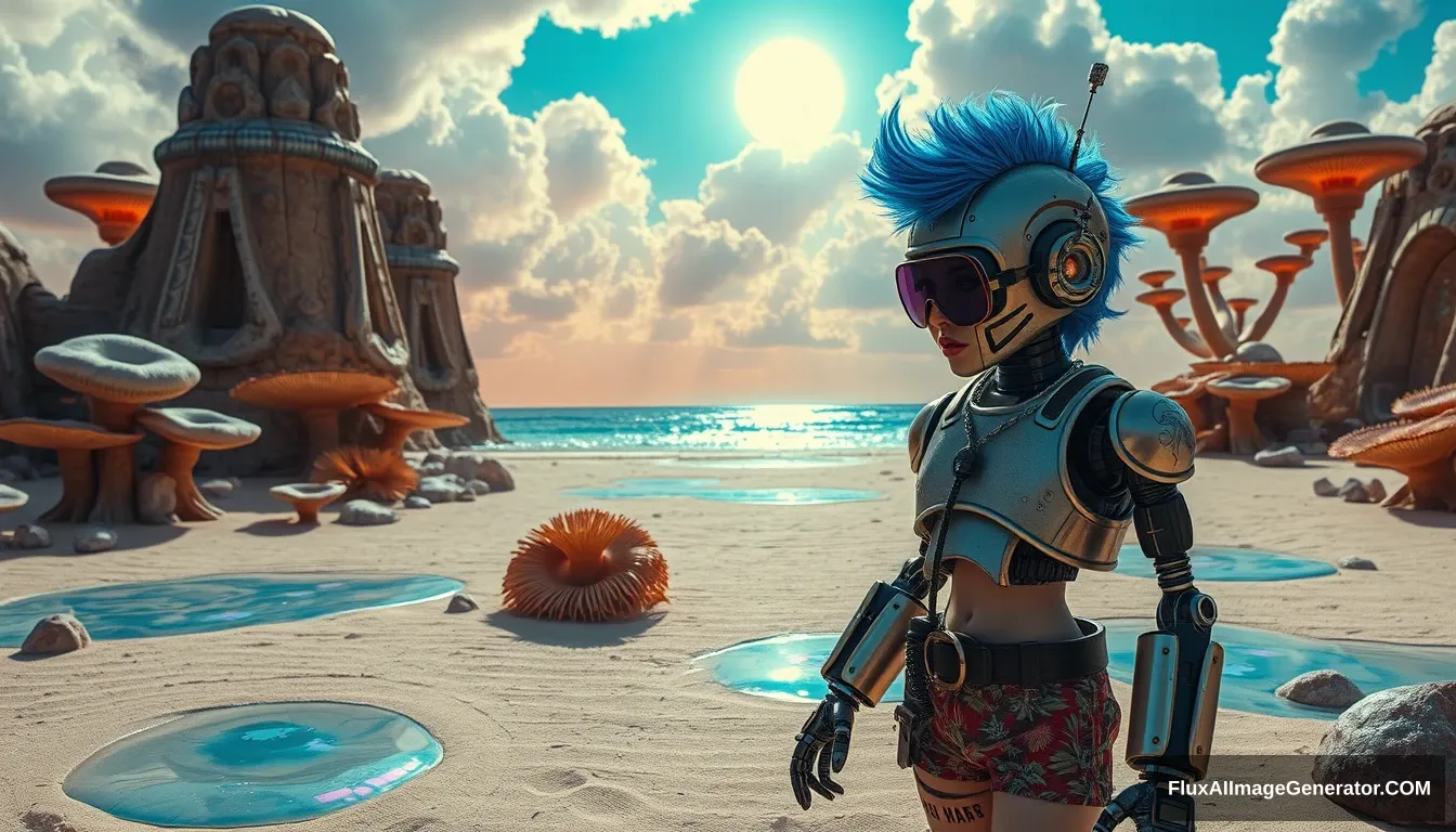 Cinematic photo in the intricate style of Enki Bilal: A scene features a deliciously attractive punk girl with electric blue spiky hair; beside a charming retro-futuristic robot in Hawaiian shorts, on a surreal alien beach adorned with iridescent fungi and shimmering lakes, all beneath a vibrant, dreamlike sky. - Image