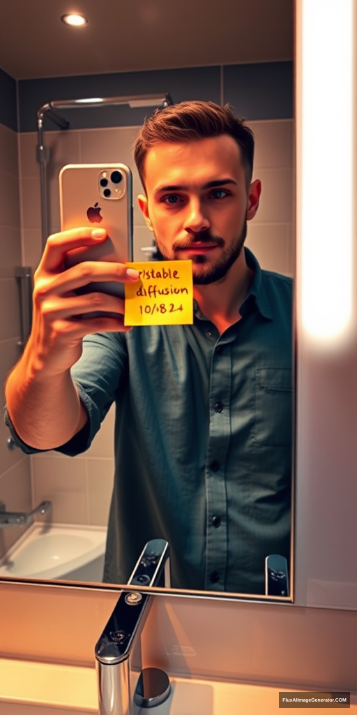 Man in sleek modern bathroom, capturing mirror selfie with latest iPhone. Holds yellow Post-it note reading "r/stablediffusion 10/08/24". Hyper-realistic style: razor-sharp details, lifelike textures. Warm LED lighting casts soft shadows. Gleaming chrome fixtures. Atmosphere of anticipation and self-awareness. Contemporary digital culture reflected. - Image