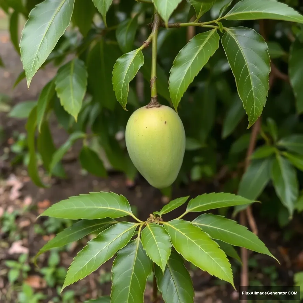 Green Mango growing on small plant - Image