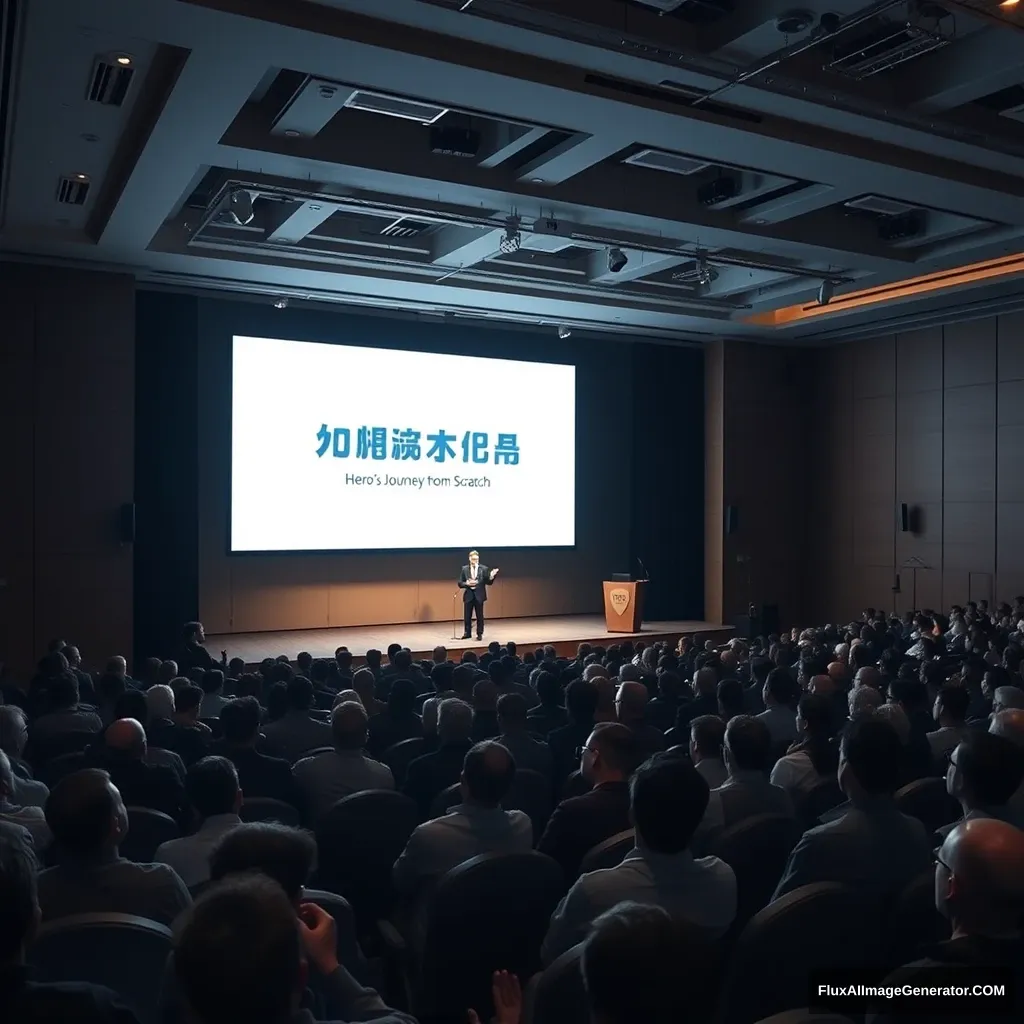 A large conference room filled with an audience. On the stage, a speaker stands in front of a big screen, which displays the phrase “Starting K8s: A Hero’s Journey from Scratch” in Chinese. The audience is packed, all intently listening to the speaker’s presentation. The room is dimly lit, but the stage lights are bright, illuminating both the speaker and the screen. This image conveys an atmosphere of knowledge sharing and learning. - Image