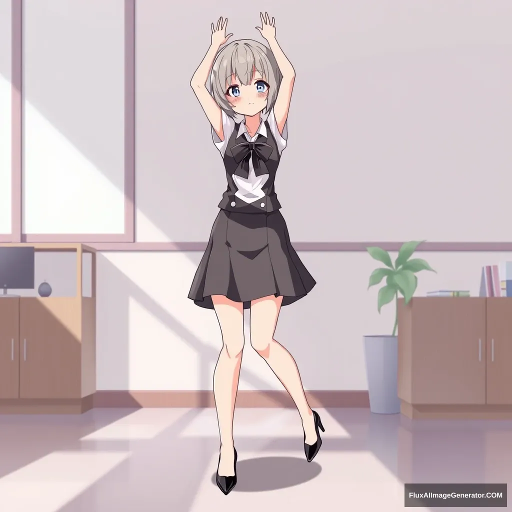 "A girl, short hair, indoors, raising arms, high heels, office lady skirt, not anime." - Image