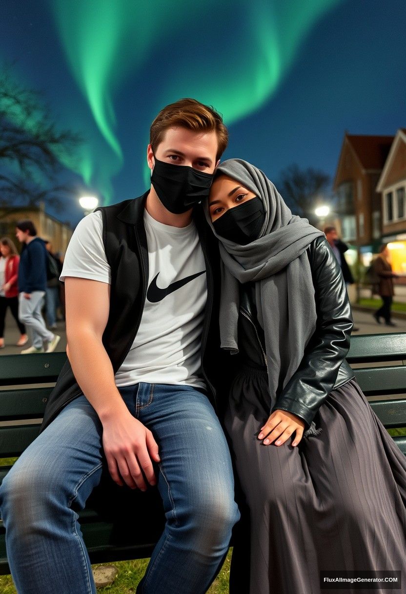 Jamie Dornan, tall, young, wearing a black face mask, a white Nike T-shirt, and jeans, is dating a beautiful Muslim girl in a grey hijab, with beautiful eyes, also wearing a black face mask, a leather jacket, and the longest and biggest skirt, who is not tall. They are sitting together on a park bench, laying on each other's shoulders, in a town with strangers in the background. The scene is photorealistic, resembling a selfie taken at night with the aurora borealis in the sky. - Image