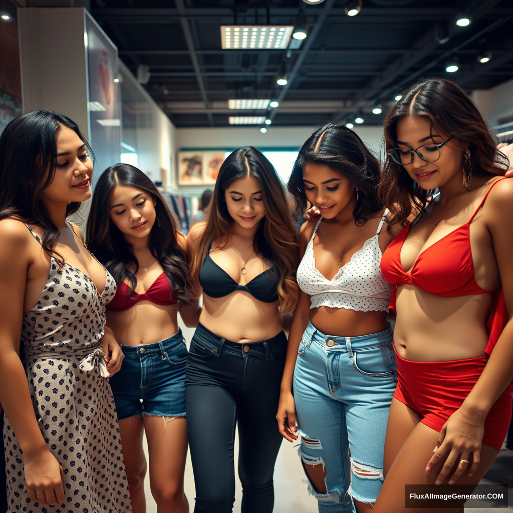 Three skinny, big-swollen-bloating-chested female college students, each from different ethnic backgrounds, trying on party clothing in a store. The camera angle should be looking down from above slightly.