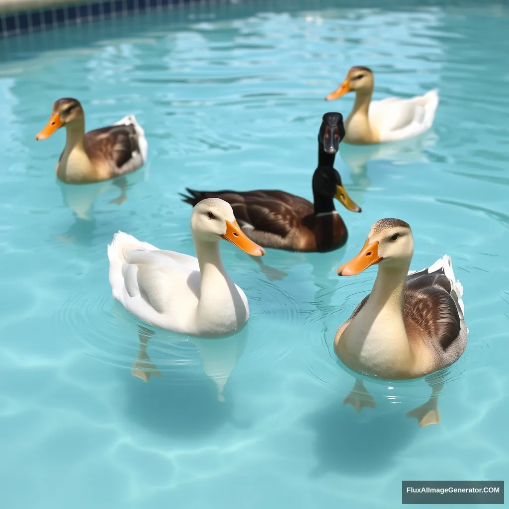 Different style ducks in the pool.