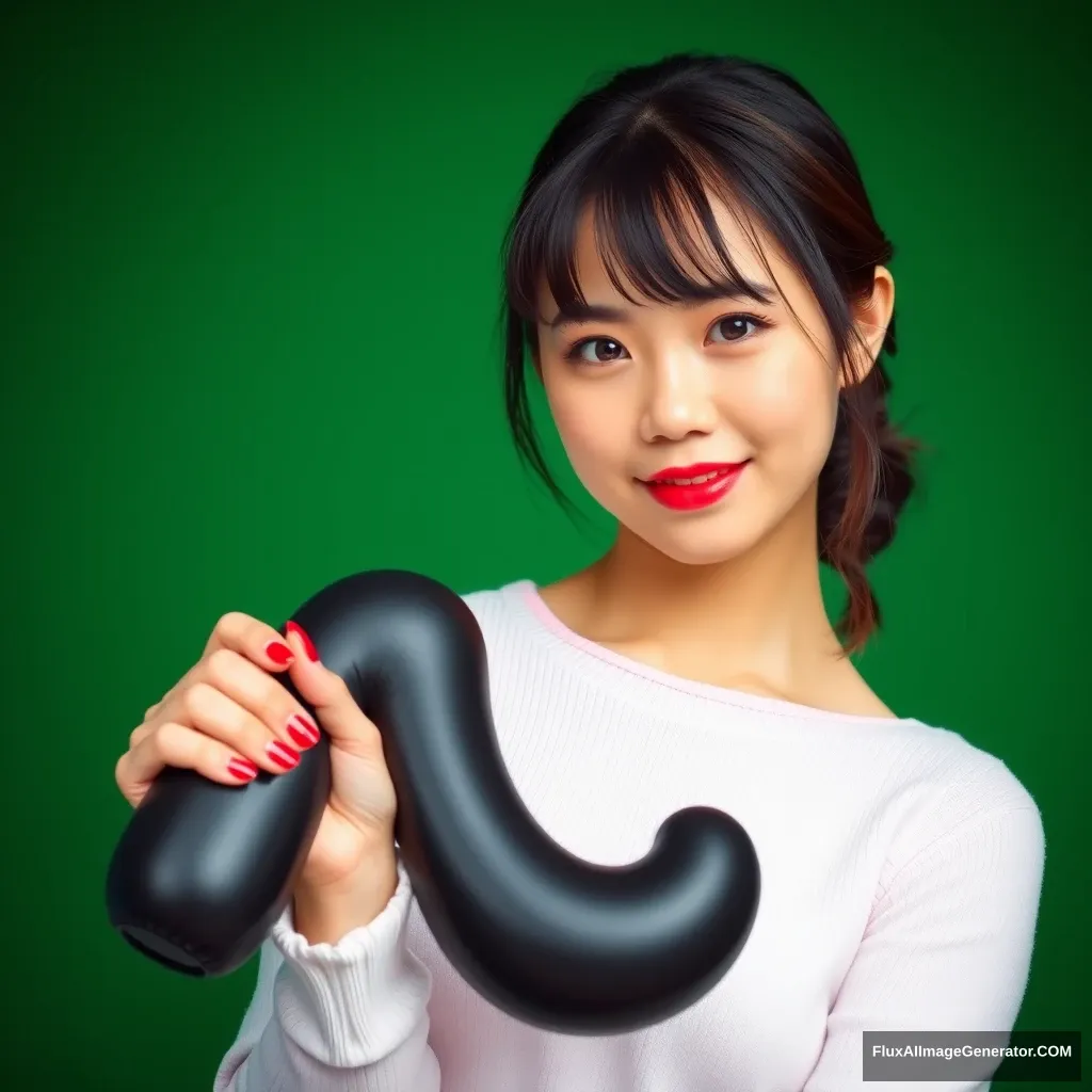 Asian American girl holding a big black dildo shaped like a penis - Image