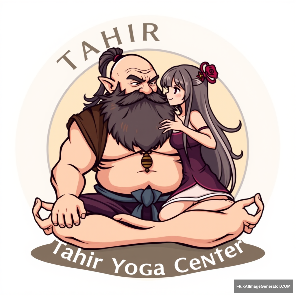 "Tahir Yoga Center" logo: a muscular large bald dwarf with a beard in the lotus position flirts with an anime girl.