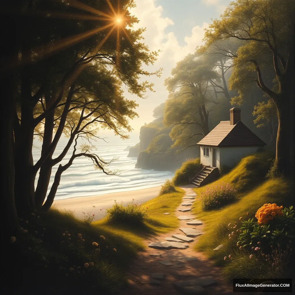 Chiaroscuro, winding misty forest path leading to a beach with crashing waves, a cozy white cottage, wild flowers and trees, warm fiery sunrays shining through the leaves causing shafts of light, cliffs, very detailed 17th century landscape painting by Paul Corfield. - Image