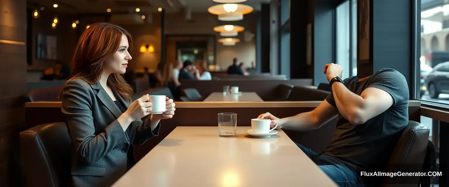 A woman and a man are having coffee in a restaurant. They're sitting across from each other. The woman is a very attractive redhead in her mid-30s, wearing business attire and brown pantyhose. The man is wearing jeans and a T-shirt. We can see their legs under the table.