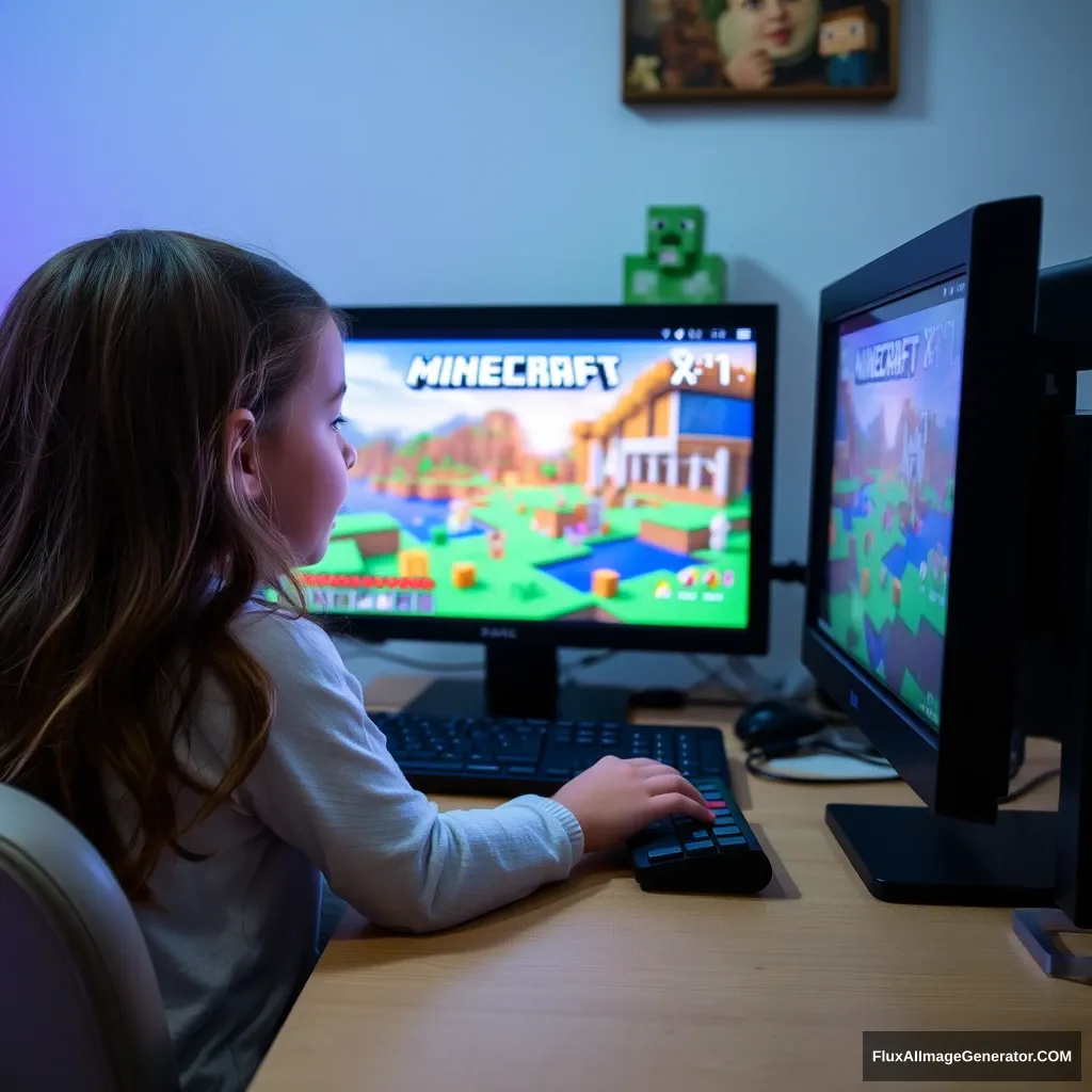 A little girl sitting in front of the computer playing Minecraft game. - Image