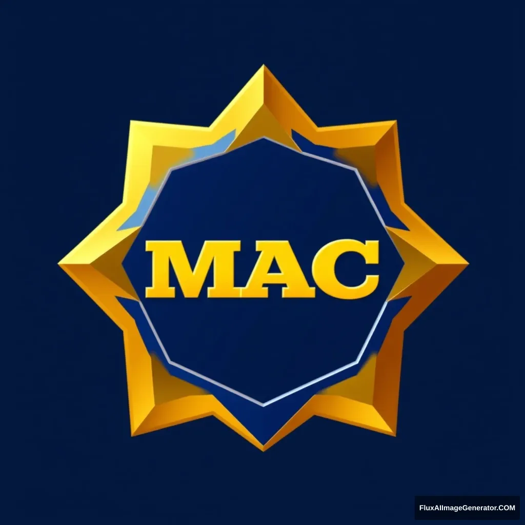 Design a logo for a government youth program with a pentagon-shaped center featuring the letters 'MAC' in gold, shaped into a pentagon, on a dark blue background. Surround this central pentagon with a gold 7 points heptagram star. 4 star points on the bottom and 3 star points on the top. The logo should have a metallic appearance with gold and blue colors for a three-dimensional effect. - Image