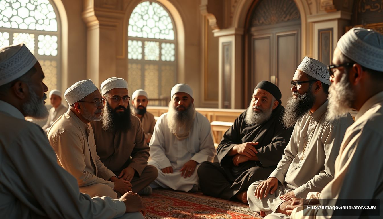 A group of Muslims discussing in an Ultra HD, realistic, educational setting, with warm and cinematic lighting.