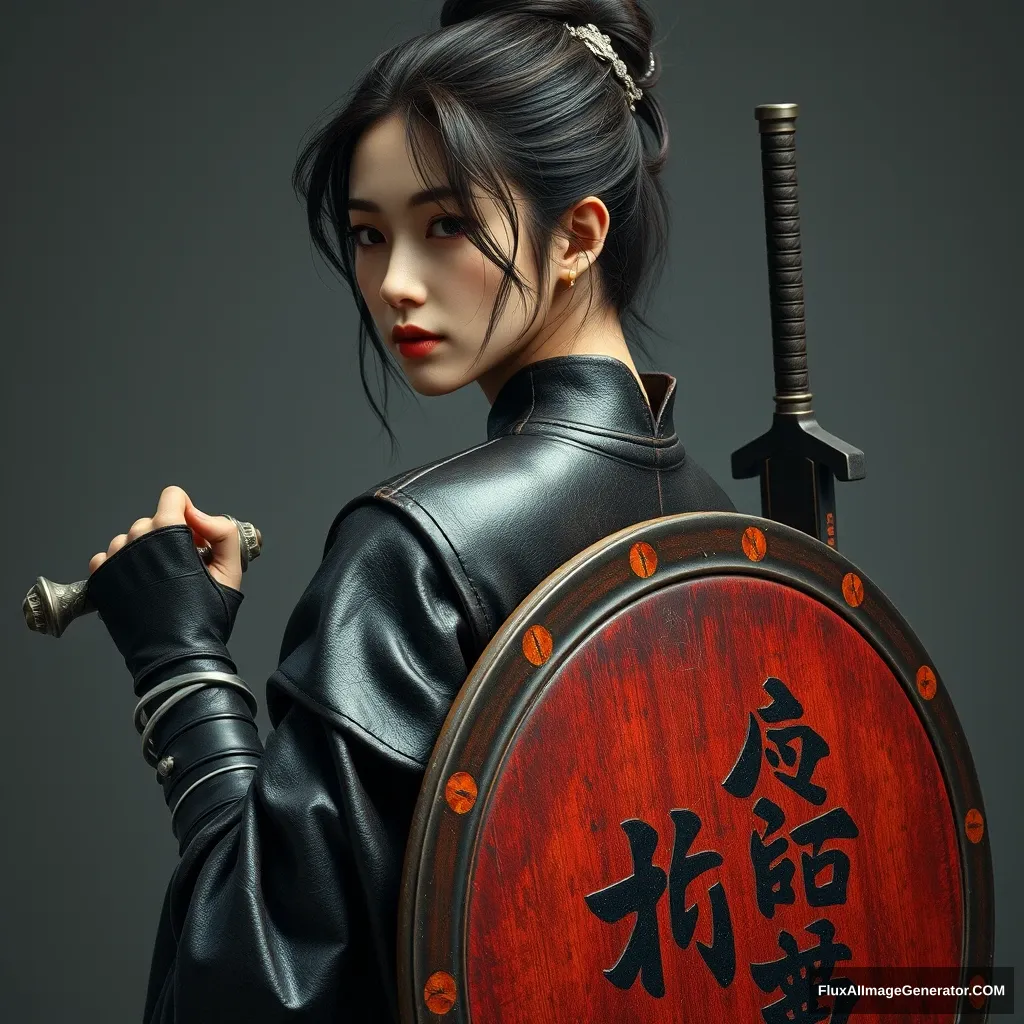 A gorgeous and elegant girl (like Tang Wei) is wearing leather armor (in traditional Korean clothing style), with tousled hair and a silver hairpiece, with the skirt hemline at the back. The pus is on one side of the stain, holding a traditional Korean sword and a round shield (inscribed with "한"), in a hyper-realistic photo created with Unreal Engine. - Image