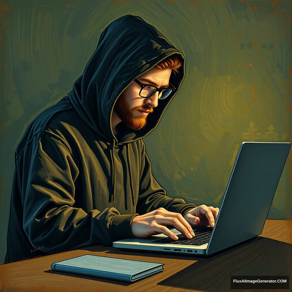 Van Gogh-esque. A hooded, bespectacled developer is working on a laptop. --ar 16:9 - Image