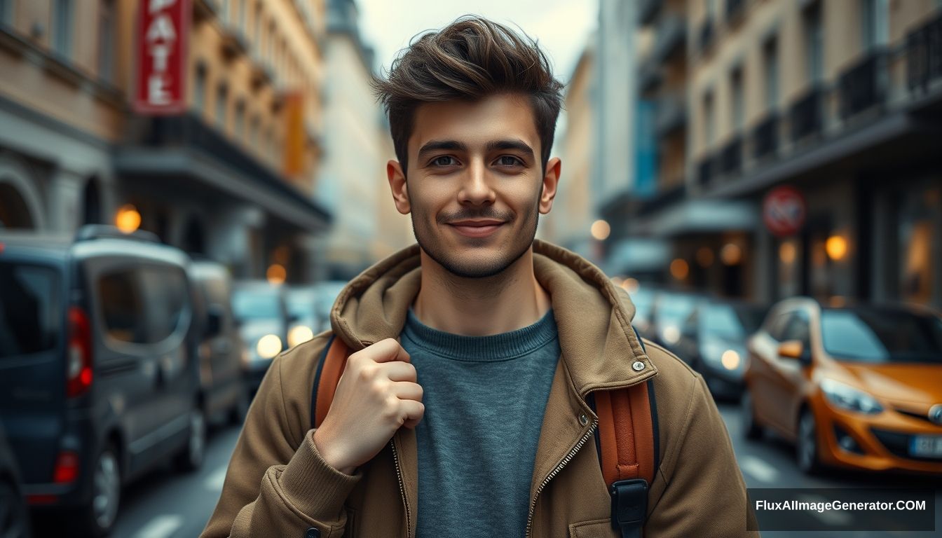 man (25y.o) posing on street, in the style of social media portraiture, anglocore, smilecore, emotive faces, object portraiture specialist, ARRIFLEX 35 BL Camera, Canon K35 Prime Lenses, LinkedIn profile photo --style raw - Image