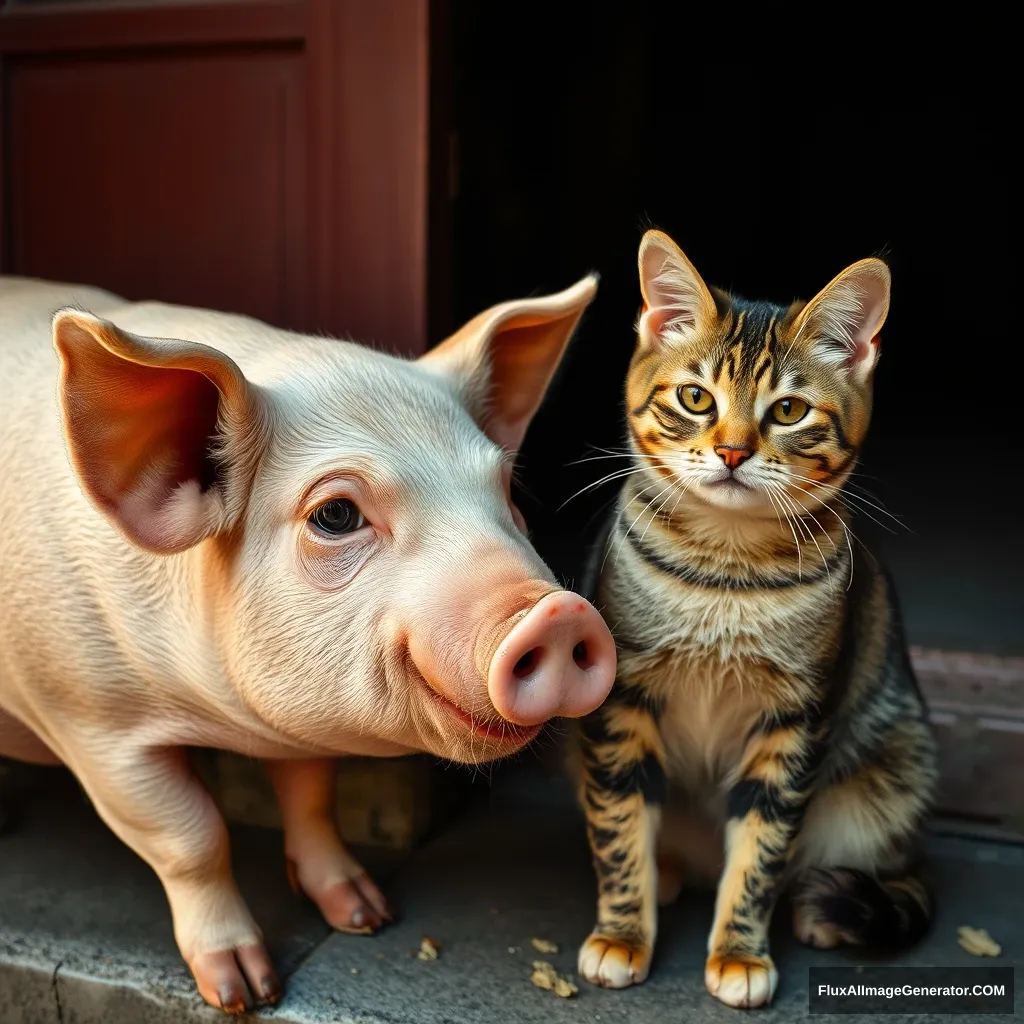 A pig and a cat in China.