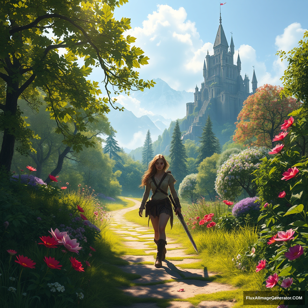 Here is a prompt generated for you about Middle Journey:

In a mysterious and fantastical world, there lies an expansive and boundless forest. Sunlight filters through the thick leaves, casting dappled shadows. A brave adventurer is amidst it all, dressed in light leather armor and wielding a sharp longsword. Her gaze is resolute, her steps steady, as she walks along a winding path. On either side of the path, strange flowers bloom in vibrant colors, exuding enchanting fragrances. In the distance, an ancient castle stands atop a mountain, shrouded in mist and appearing almost ethereal. Vines crawl up the walls of the castle, as if telling the tales of time's passage. The adventurer quickens her pace, her heart filled with a desire for the unknown and a determination to explore; this is the wonderful scene in Middle Journey.