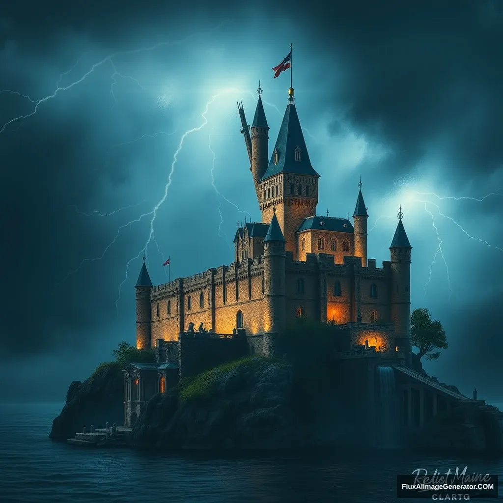 coastal castle at night in a thunderstorm in the style of ayvazovski - Image