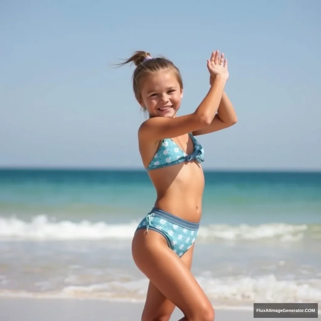 "Create a photo: A girl in swimwear is playing at the beach as a model." - Image