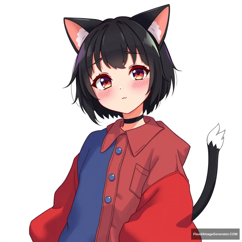 Very cute and kawaii anime girl with cel shading and oversized clothes. Cat-like girl. Cute button-up. Incorporation of red and blue in her clothing. She has black cat ears and a black cat tail with a white tip, and tiny glimmering fangs.