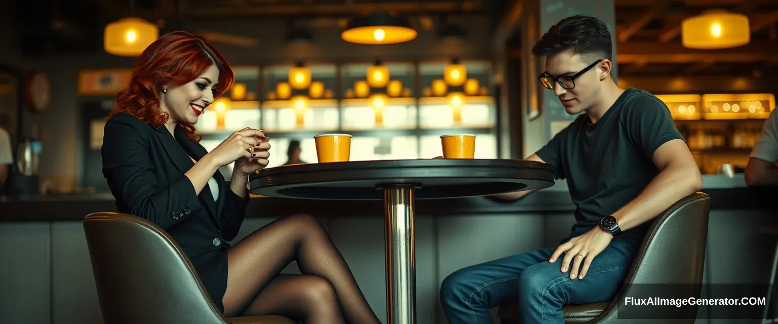 Cinematic Style. A woman and a man are sitting at a table in a bar, having coffee. The woman has red hair, with a devious grin on her face, wearing business attire, black pantyhose, and open-toe high heels. She looks at the man with superiority. The man is a 20-year-old, wearing glasses, jeans, and a T-shirt. The shot is from the side, from a distance, so all their figures are shown. The woman is looking at the man. The table has one leg in the middle, metallic. The woman and the man are sitting on opposite sides, facing each other. The man is looking down at the table. The woman is looking at the man. Cinematic. - Image