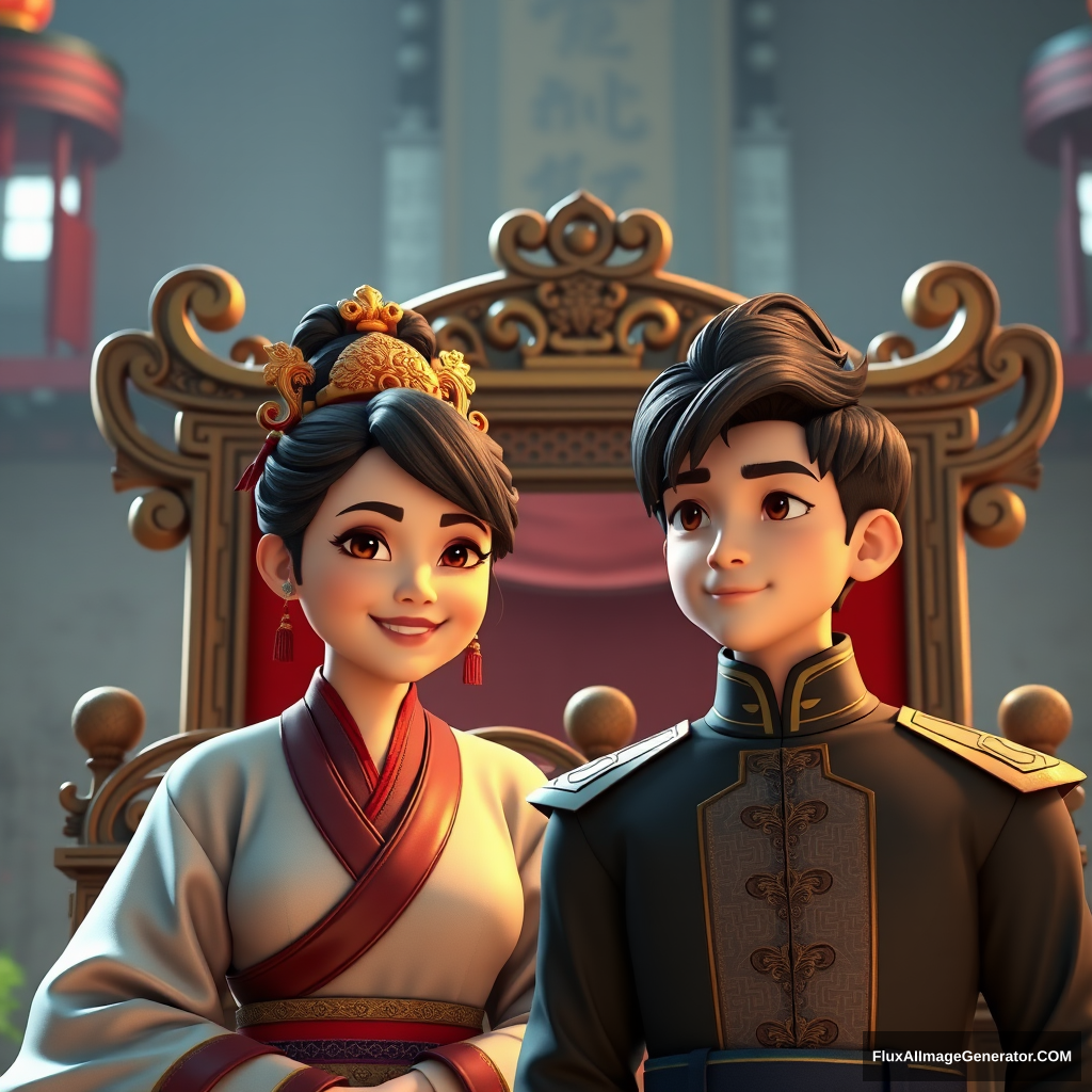 A middle-aged woman, a young man, the woman sits on the throne, the man stands in front of the throne, the woman smiles, the man looks haughty, during the day, in the grand hall of the palace, Chinese ancient style, Chinese ancient style, 3D game style.