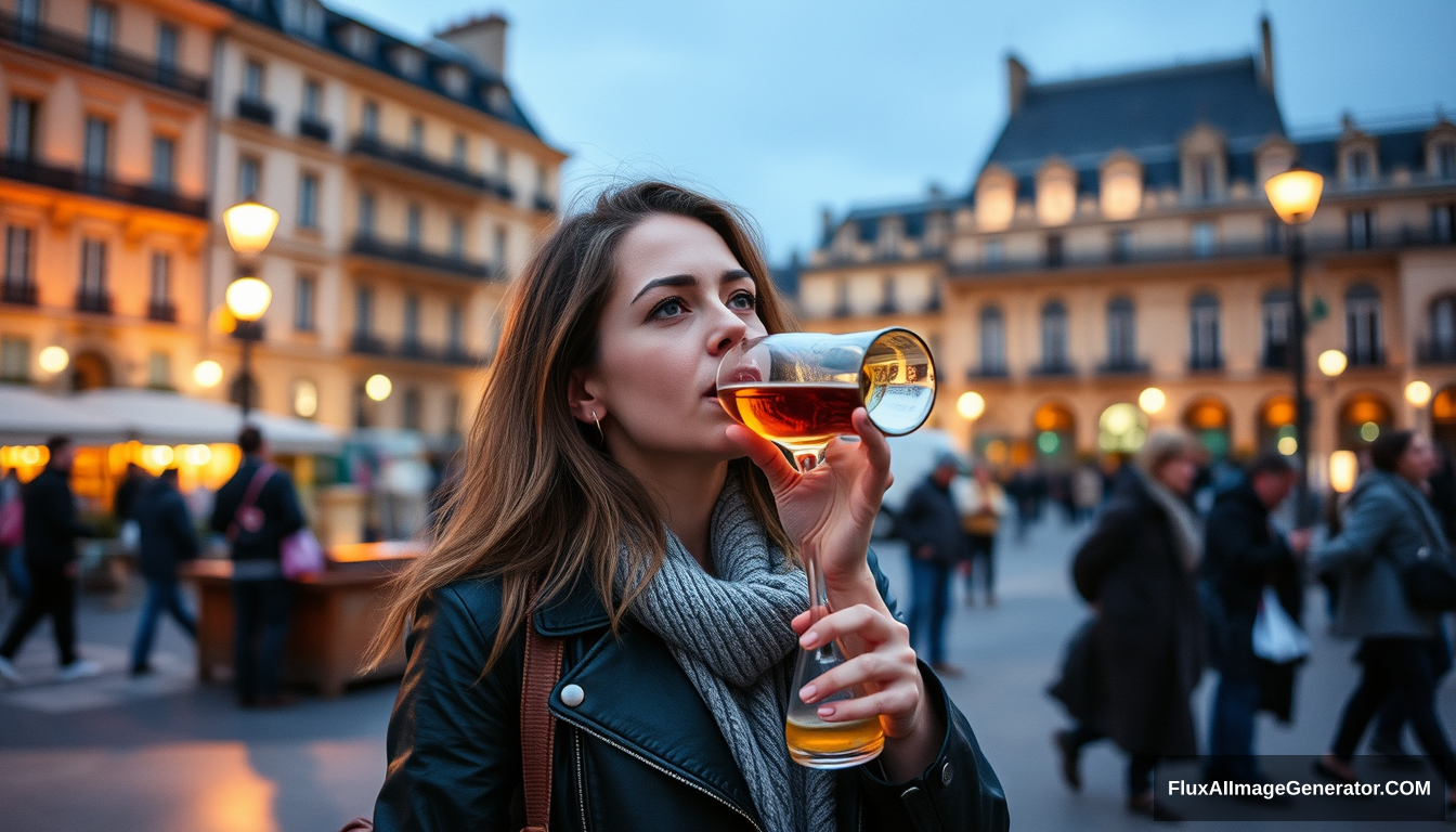 A woman is drinking alcohol in the square in Paris.