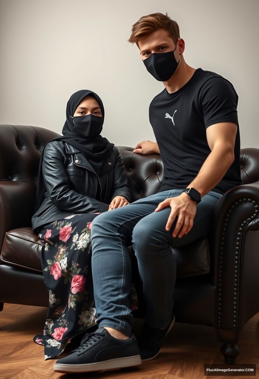 A biggest black hijab girl, slim girl, beautiful eyes, face mask black, black leather jacket, biggest floral long dress, black leather sneaker, sitting on leather single wing sofa, 

Jamie Dornan, youngest, puma black T-shirt, jeans, black leather sneaker, tall man, face mask black, fit body, sitting near her,

hyper realistic, studio photography. - Image