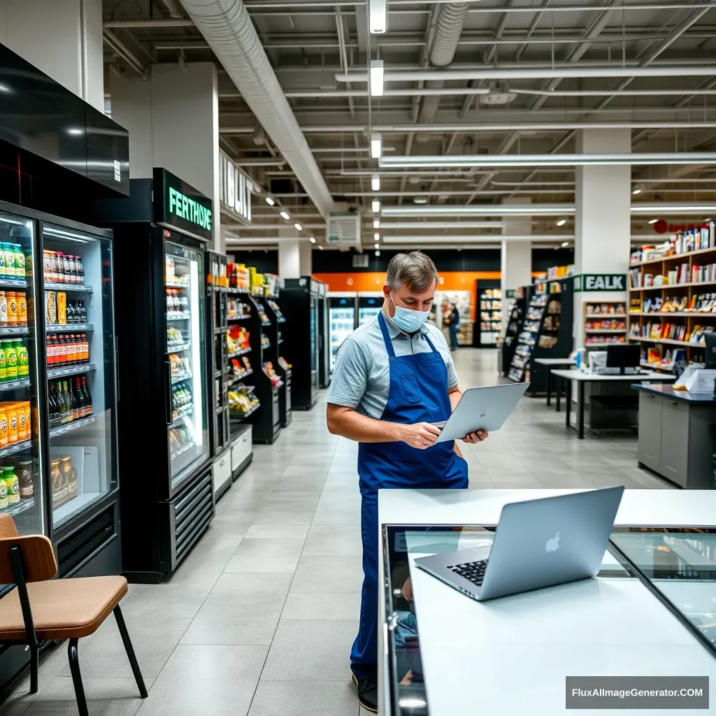 A man is standing in a grocery store, wearing a blue apron and a mask, working on a laptop at a counter. The store has various products displayed on shelves, including a vending machine, chairs, desks, and cabinets. The man appears focused on his work, surrounded by the bustling atmosphere of the store. The store is well-lit, with aisles leading to different sections. The color scheme includes shades of grey, black, and white, creating a modern and clean aesthetic. The image captures a moment of productivity in a retail environment. - Image