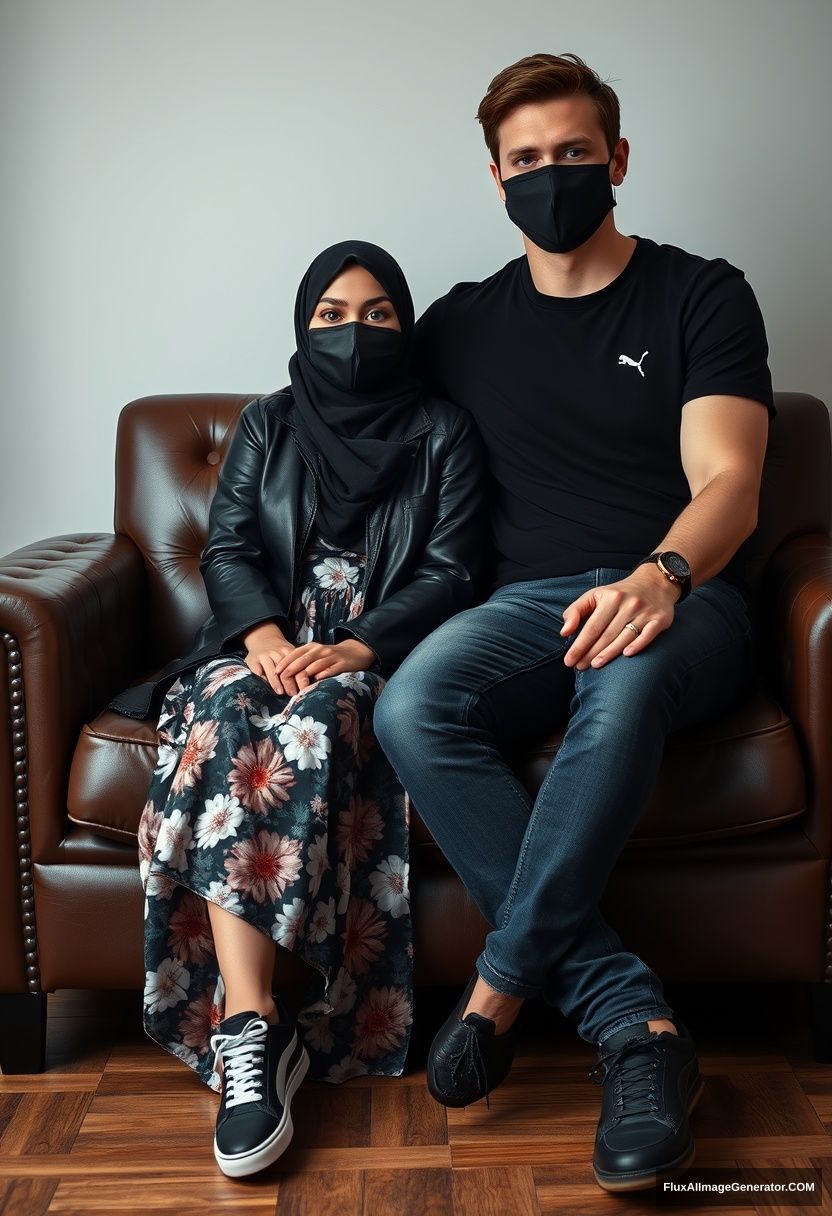 A biggest black hijab girl, slim girl, beautiful eyes, face mask black, black leather jacket, biggest floral long dress, black leather sneaker, sitting on leather single wing sofa, 

Jamie Dornan, youngest, puma black T-shirt, jeans, black leather sneaker, tall man, face mask black, fit body, sitting near her,

hyper realistic, studio photography. - Image